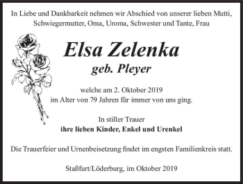 Traueranzeige von Elsa Zelenka (geb. Pleyer)  von Magdeburger Volksstimme