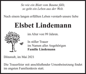 Traueranzeige von Elsbet Lindemann  von Magdeburger Volksstimme