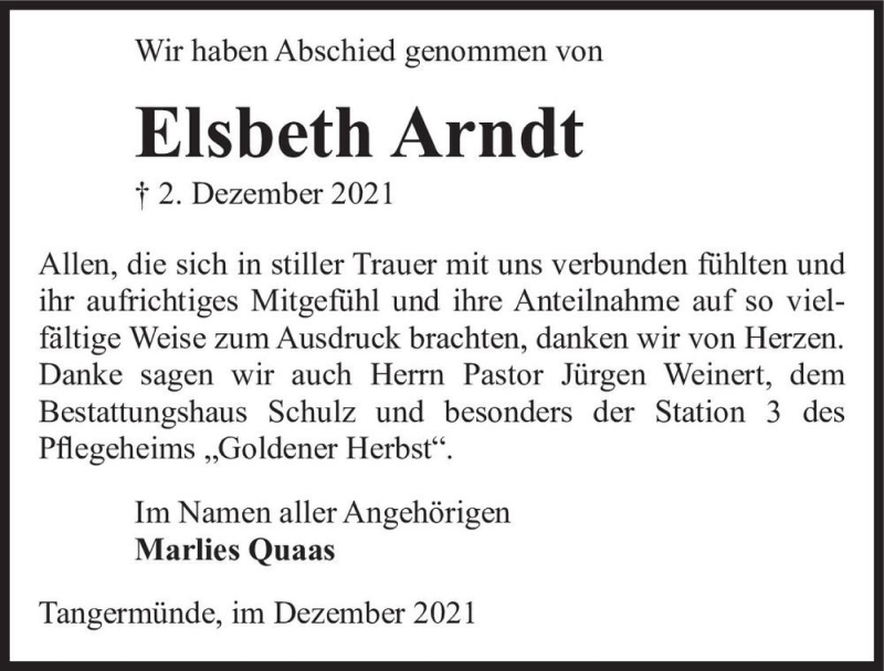  Traueranzeige für Elsbeth Arndt  vom 18.12.2021 aus Magdeburger Volksstimme
