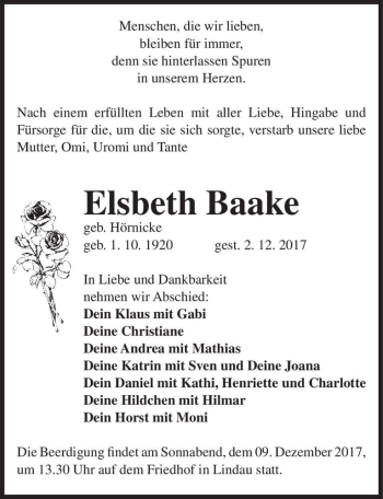 Traueranzeige von Elsbeth Baake (geb. Hörnicke)  von Magdeburger Volksstimme