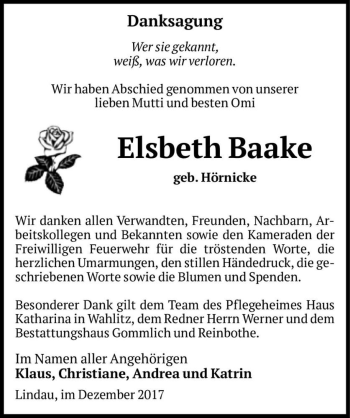 Traueranzeige von Elsbeth Baake (geb. Hörnicke)  von Magdeburger Volksstimme