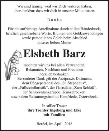 Traueranzeige von Elsbeth Bartz  von Magdeburger Volksstimme