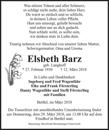 Traueranzeige von Elsbeth Barz (geb. Langhoff)  von Magdeburger Volksstimme