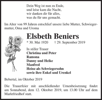 Traueranzeige von Elsbeth Beniers  von Magdeburger Volksstimme