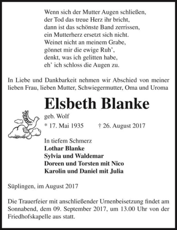 Traueranzeige von Elsbeth Blanke (geb. Wolf)  von Magdeburger Volksstimme