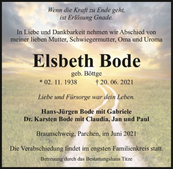 Traueranzeige von Elsbeth Bode (geb. Böttge)  von Magdeburger Volksstimme