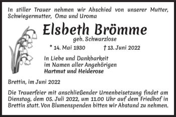 Traueranzeige von Elsbeth Brömme (geb. Schwarzlose)  von Magdeburger Volksstimme