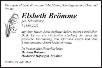 Traueranzeige von Elsbeth Brömme (geb. Schwarzlose)  von Magdeburger Volksstimme
