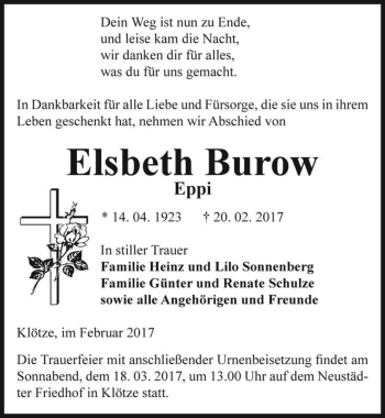 Traueranzeige von Elsbeth Burow (Eppi)  von Magdeburger Volksstimme