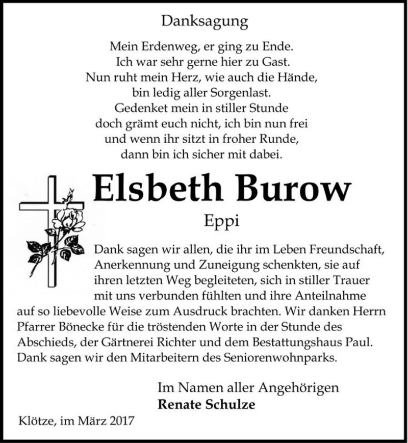  Traueranzeige für Elsbeth Burow 