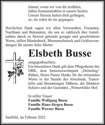Traueranzeige von Elsbeth Busse  von Magdeburger Volksstimme