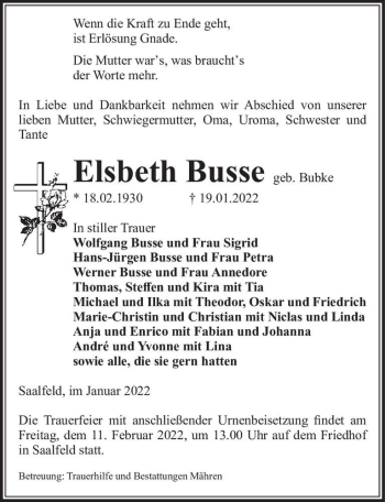Traueranzeige von Elsbeth Busse (geb. Bubke)  von Magdeburger Volksstimme