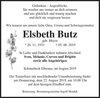 Traueranzeige von Elsbeth Butz (geb. Meyer)  von Magdeburger Volksstimme