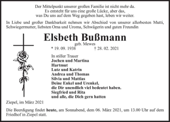 Traueranzeige von Elsbeth Bußmann (geb. Mewes)  von Magdeburger Volksstimme