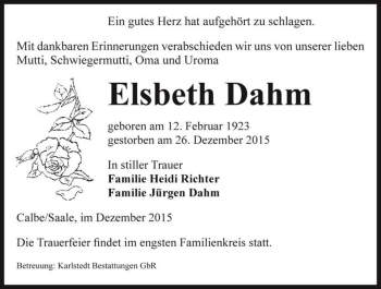 Traueranzeige von Elsbeth Dahm  von Magdeburger Volksstimme