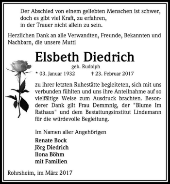 Traueranzeige von Elsbeth Diedrich (geb. Rudolph)  von Magdeburger Volksstimme