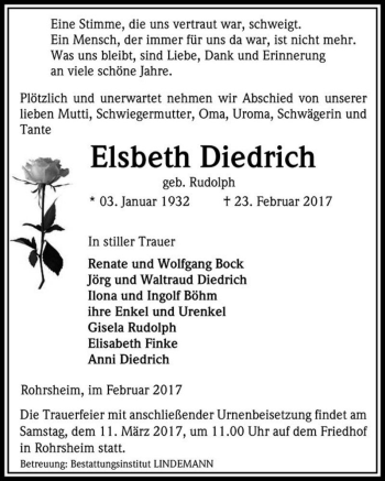 Traueranzeige von Elsbeth Diedrich (geb. Rudolph)  von Magdeburger Volksstimme