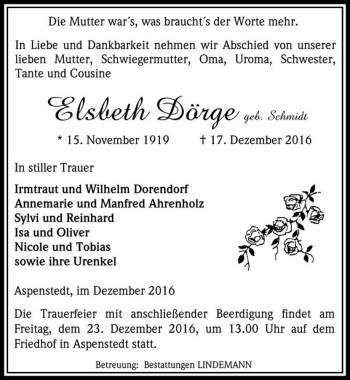 Traueranzeige von Elsbeth Dörge (geb. Schmidt)  von Magdeburger Volksstimme