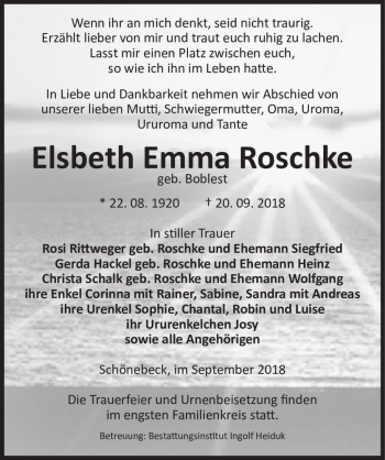Traueranzeige von Elsbeth Emma Roschke (geb. Boblest)  von Magdeburger Volksstimme