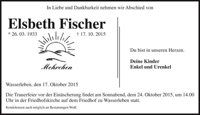  Traueranzeige für Elsbeth Fischer  vom 20.10.2015 aus Magdeburger Volksstimme
