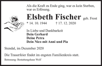 Traueranzeige von Elsbeth Fischer (geb. Frost)  von Magdeburger Volksstimme