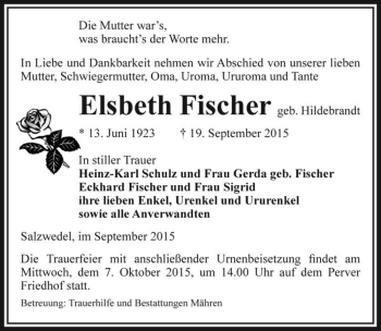 Traueranzeige von Elsbeth Fischer (geb. Hildebrandt)  von Magdeburger Volksstimme