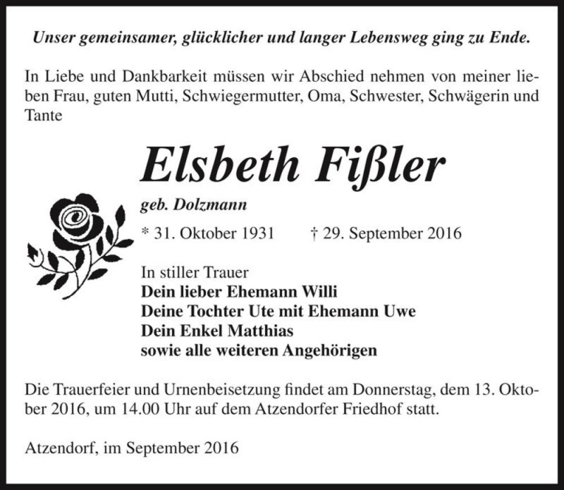  Traueranzeige für Elsbeth Fißler (geb. Dolzmann)  vom 08.10.2016 aus Magdeburger Volksstimme