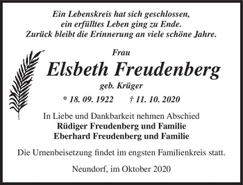 Traueranzeige von Elsbeth Freudenberg (geb. Krüger)  von Magdeburger Volksstimme