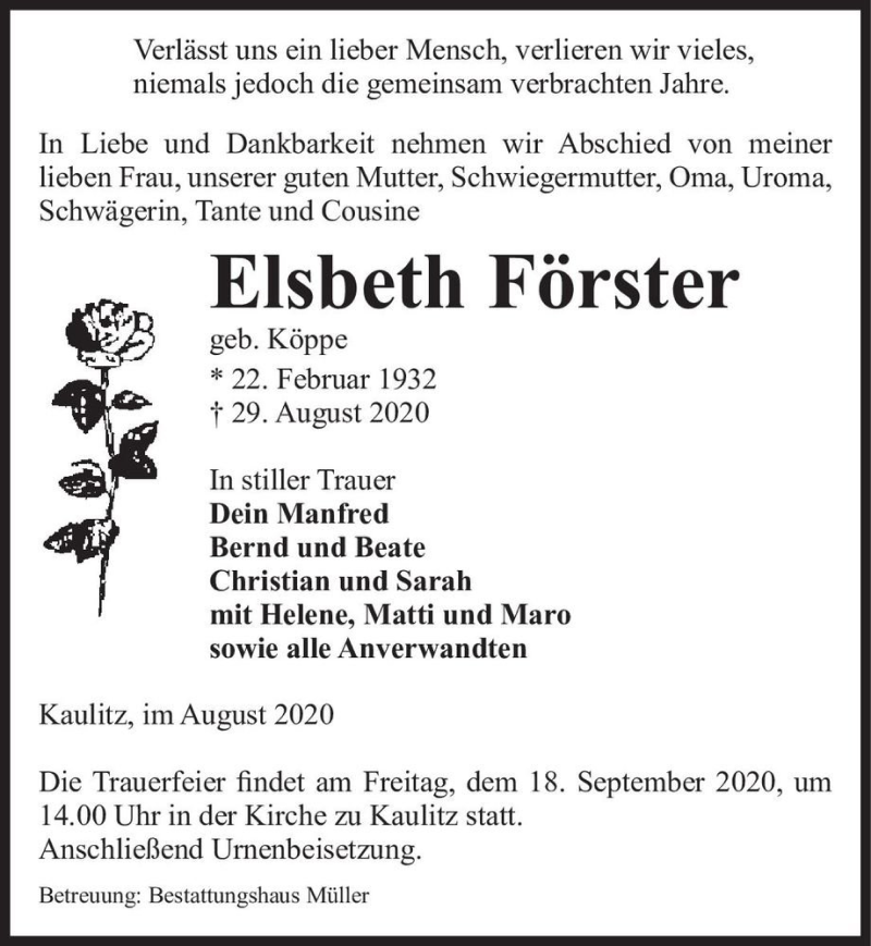  Traueranzeige für Elsbeth Förster (geb. Köppe)  vom 02.09.2020 aus Magdeburger Volksstimme