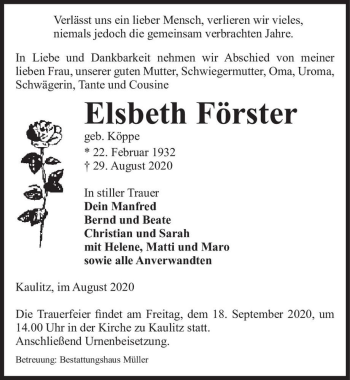 Traueranzeige von Elsbeth Förster (geb. Köppe)  von Magdeburger Volksstimme