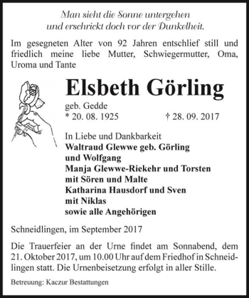 Traueranzeige von Elsbeth Görling (geb. Gedde)  von Magdeburger Volksstimme
