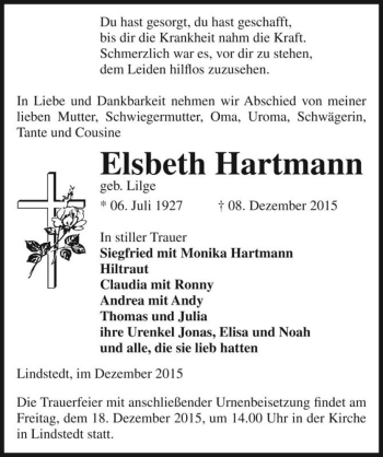 Traueranzeige von Elsbeth Hartmann  von Magdeburger Volksstimme