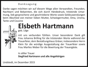 Traueranzeige von Elsbeth Hartmann (geb. Lilge)  von Magdeburger Volksstimme