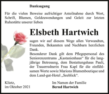 Traueranzeige von Elsbeth Hartwich  von Magdeburger Volksstimme