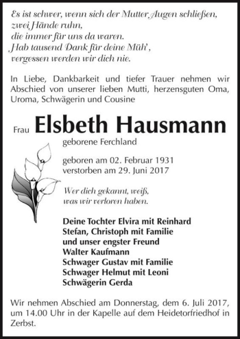 Traueranzeige von Elsbeth Hausmann (geb. Ferchland)  von Magdeburger Volksstimme