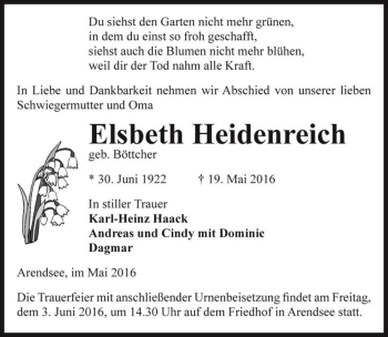 Traueranzeige von Elsbeth Heidenreich (geb. Böttcher)  von Magdeburger Volksstimme