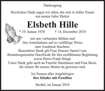 Traueranzeige von Elsbeth Hille  von Magdeburger Volksstimme