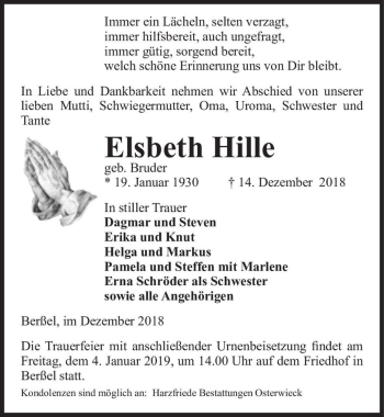 Traueranzeige von Elsbeth Hille (geb. Bruder)  von Magdeburger Volksstimme