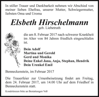 Traueranzeige von Elsbeth Hirschelmann (geb. Liebetruth)  von Magdeburger Volksstimme