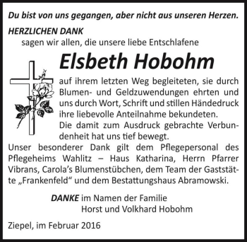 Traueranzeige von Elsbeth Hobohm  von Magdeburger Volksstimme
