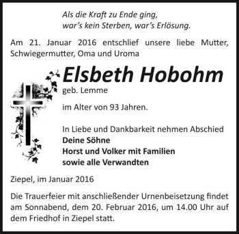 Traueranzeige von Elsbeth Hobohm (geb. Lemme)  von Magdeburger Volksstimme