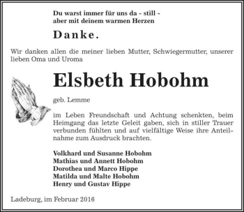 Traueranzeige von Elsbeth Hobohm (geb. Lemme)  von Magdeburger Volksstimme