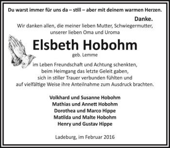 Traueranzeige von Elsbeth Hobohm (geb. Lemme)  von Magdeburger Volksstimme
