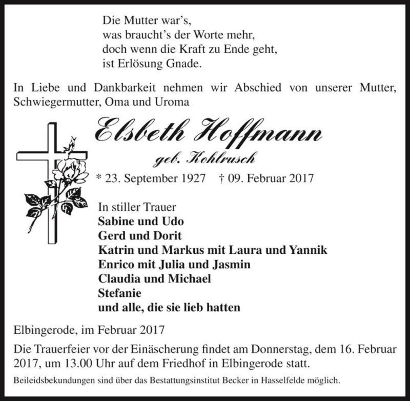 Traueranzeige für Elsbeth Hoffmann (geb. Hohlrusch)  vom 11.02.2017 aus Magdeburger Volksstimme