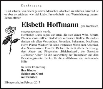 Traueranzeige von Elsbeth Hoffmann (geb. Kohlrusch)  von Magdeburger Volksstimme