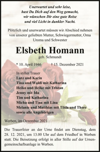 Traueranzeige von Elsbeth Homann (geb. Schmundt)  von Magdeburger Volksstimme