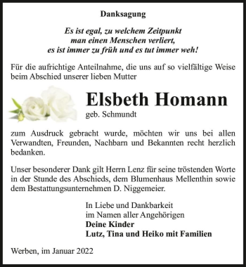 Traueranzeige von Elsbeth Homann (geb. Schmundt)  von Magdeburger Volksstimme