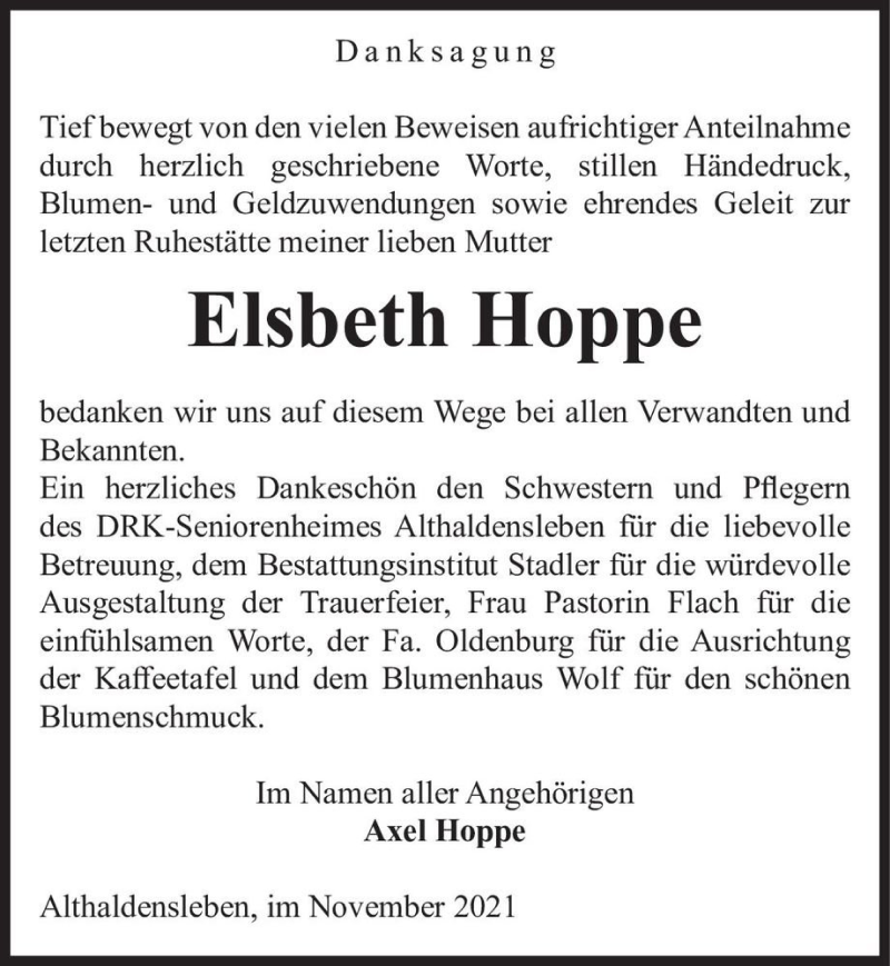  Traueranzeige für Elsbeth Hoppe  vom 13.11.2021 aus Magdeburger Volksstimme