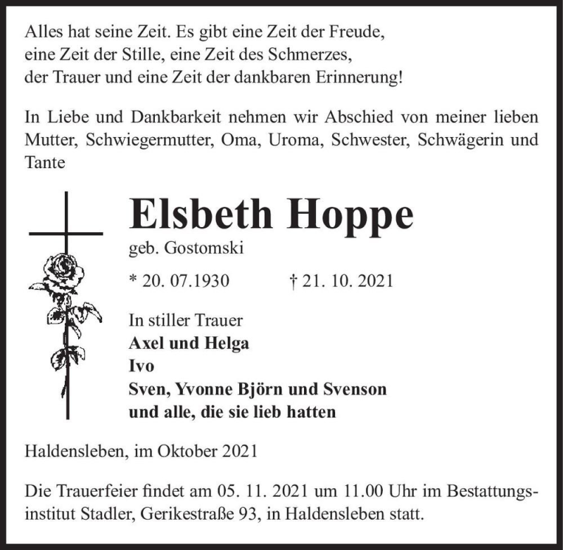  Traueranzeige für Elsbeth Hoppe (geb. Gostomski)  vom 02.11.2021 aus Magdeburger Volksstimme
