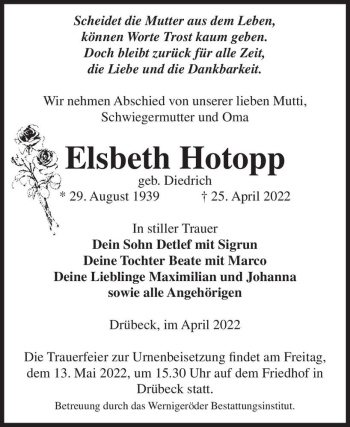 Traueranzeige von Elsbeth Hotopp (geb. Diedrich)  von Magdeburger Volksstimme